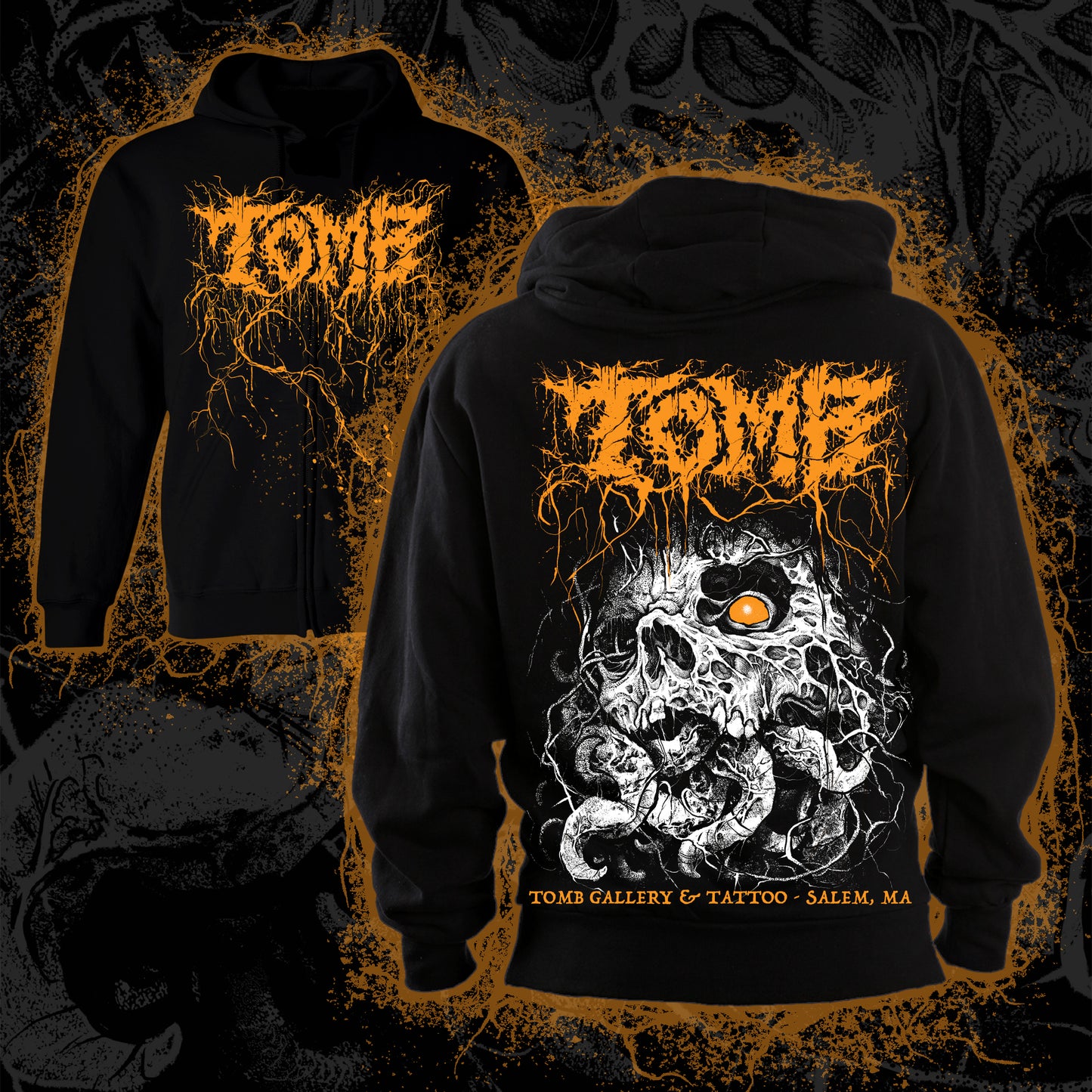 OCTOBER ORANGE LOGO SKULL ZIP-UP HOODIE