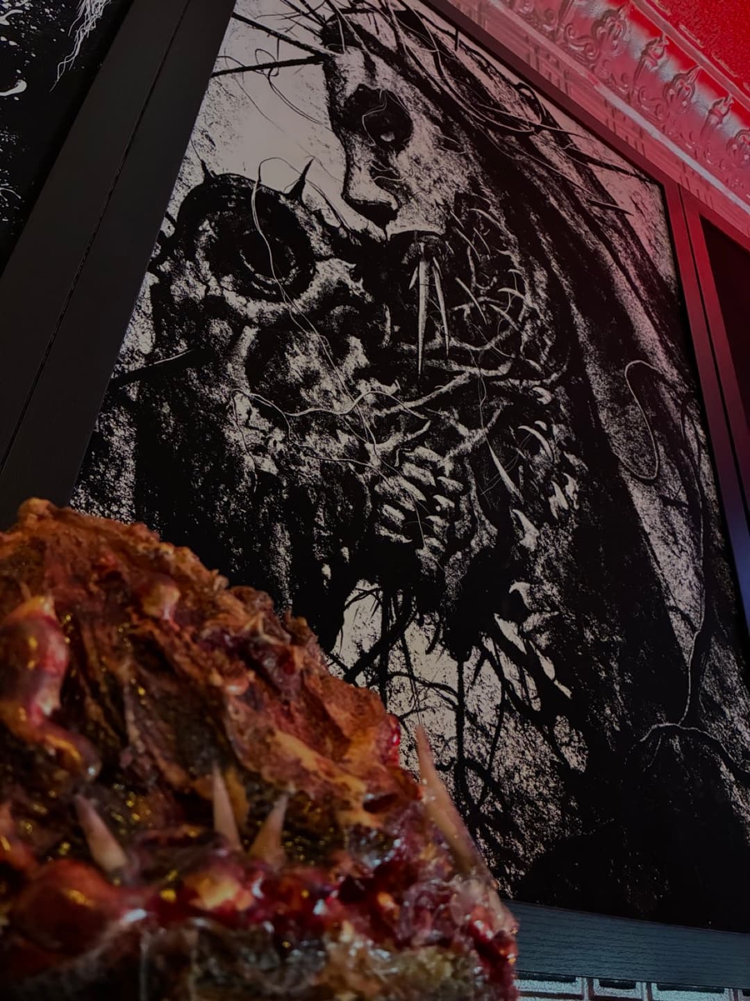A mask and special effects piece made at Tomb Gallery